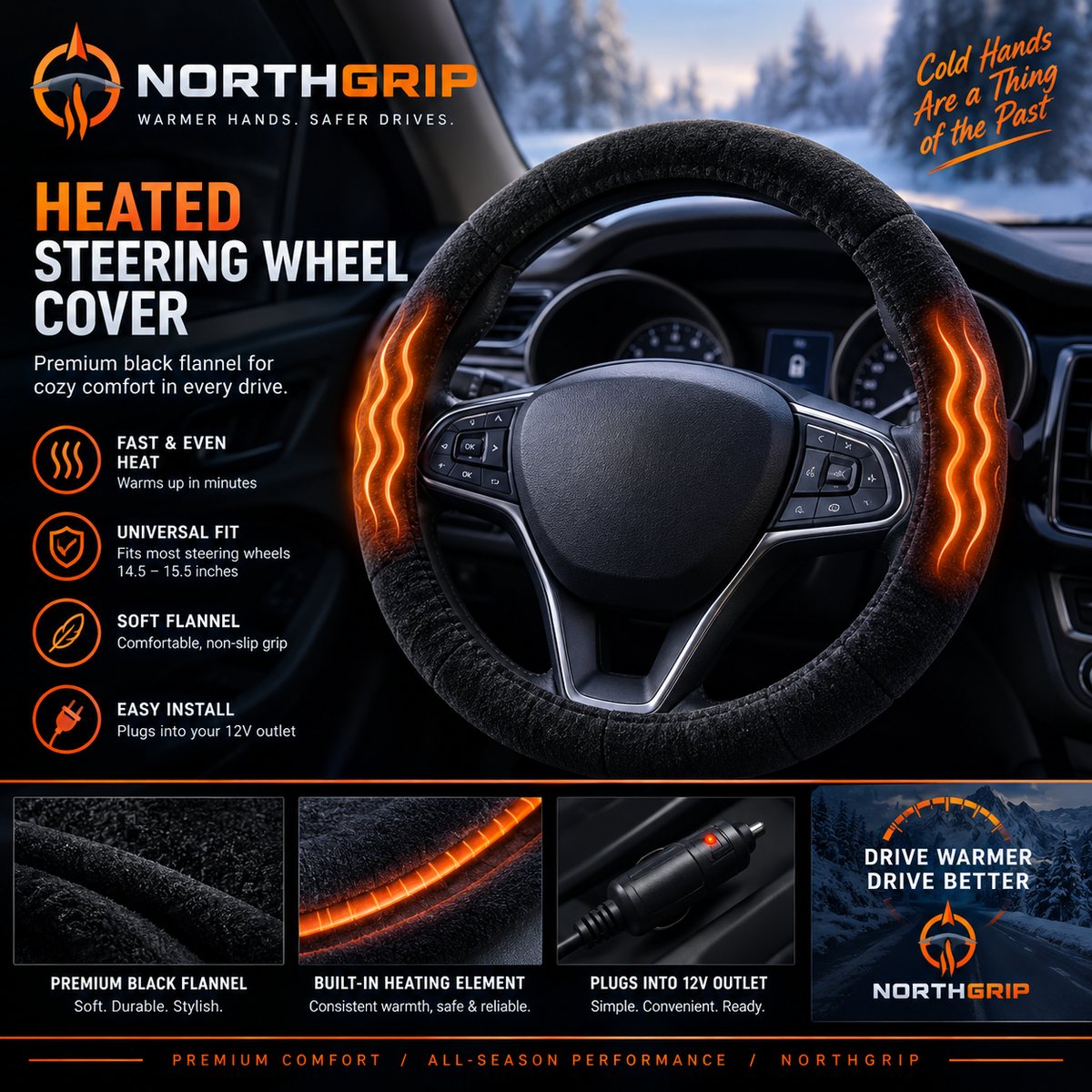 Heated Steering Wheel Cover, 12V Plug-In, 14.5–15.5" | NORTHGRIP
