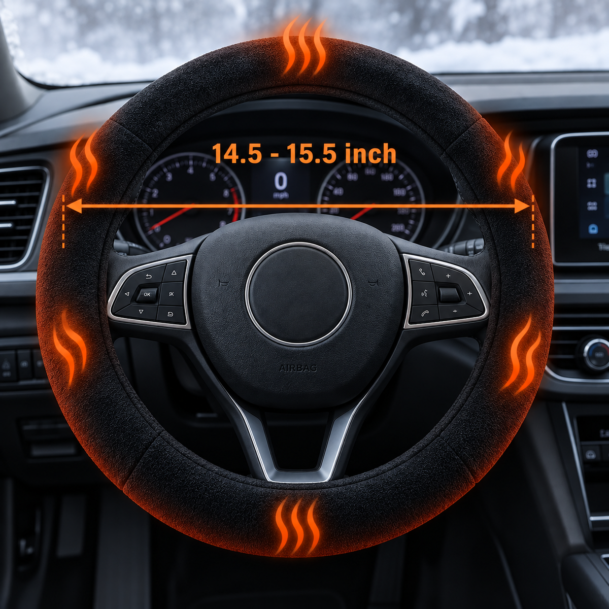 A black heated steering wheel cover installed on a car steering wheel, with orange heat-wave graphics and an overlaid measurement label reading 14.5 - 15.